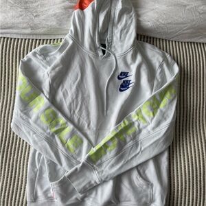 Nike White Hoodie with Blue Double Swoosh and Neon Yellow Sleeve Text